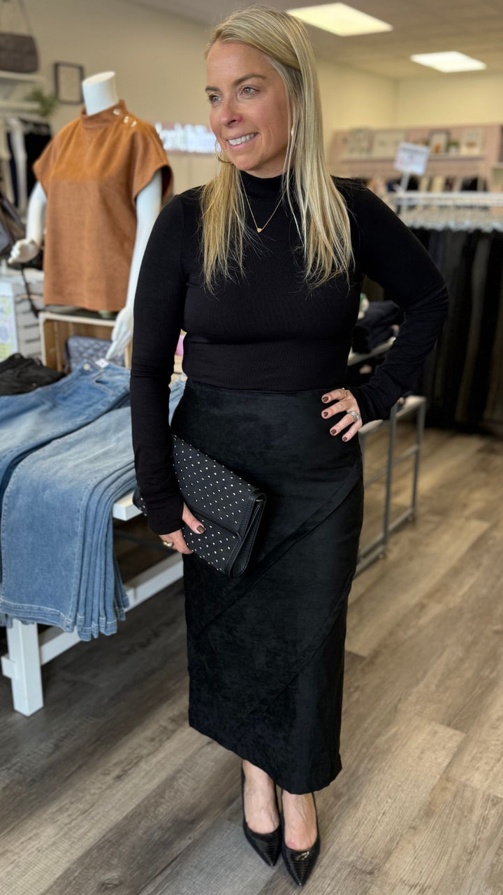 Black Suede Wrap Detail Midi Skirt