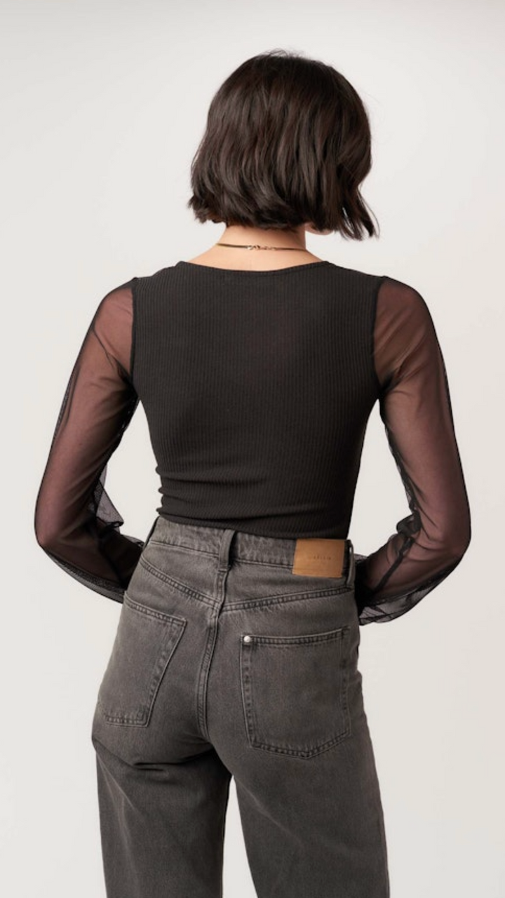 On The Edge Mixed Mesh Sweetheart Neck Long Sleeve