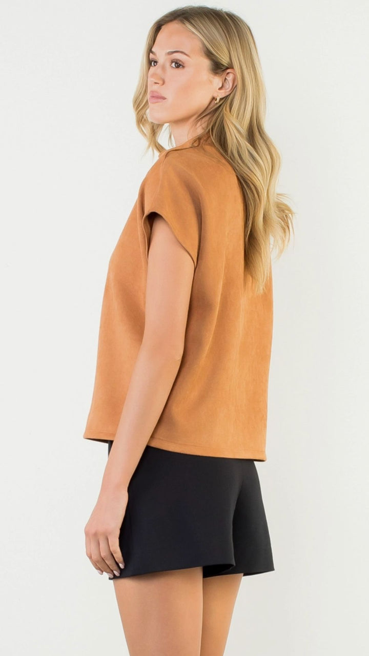 Camel Button Detail Short Sleeve Suede Top