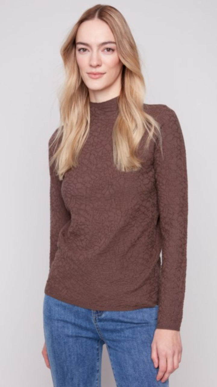 Mocha Mock Neck Textured Knit Sweater