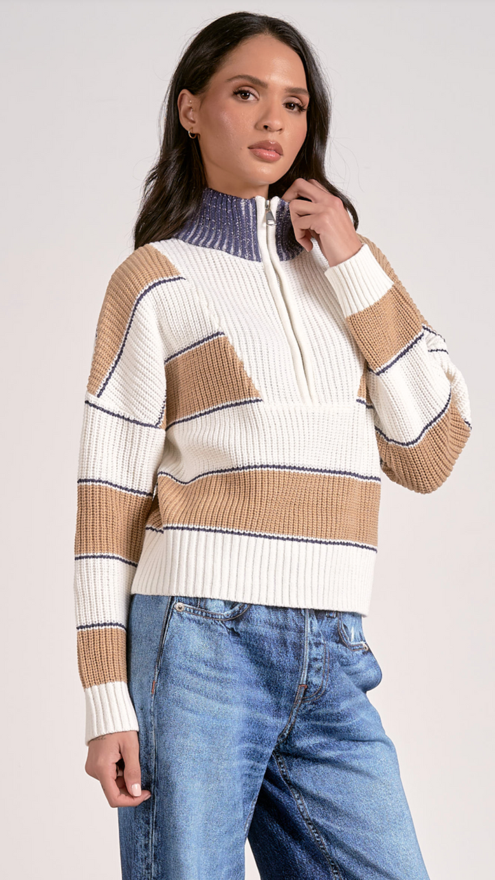Camel Quarter Zip Colorblock Sweater