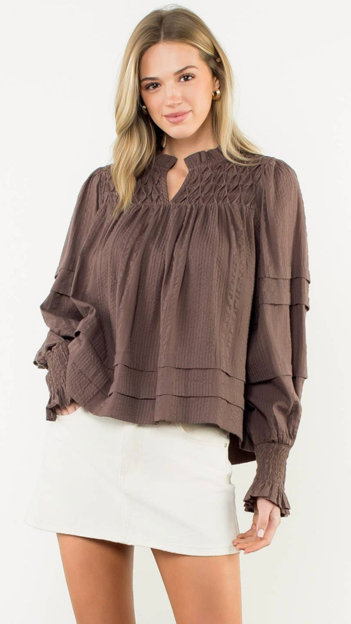Smocked Cuff Textured Long Sleeve Blouse