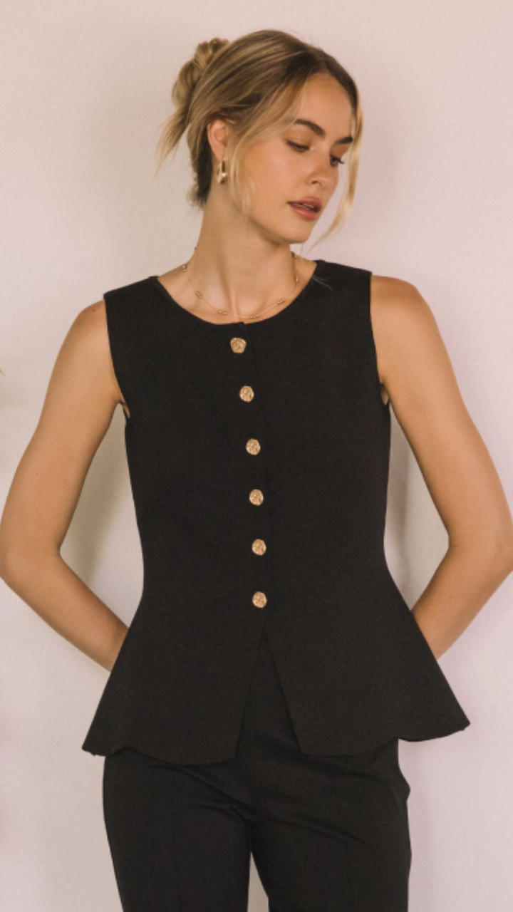 Black Sleeveless Sweater Knit Buttoned Peplum Top