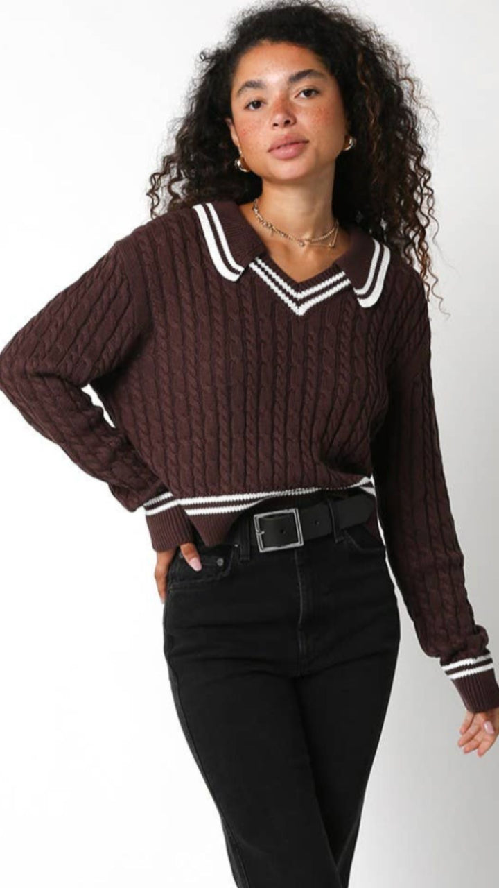 Brown And Ivory Collared Stripe Sweater