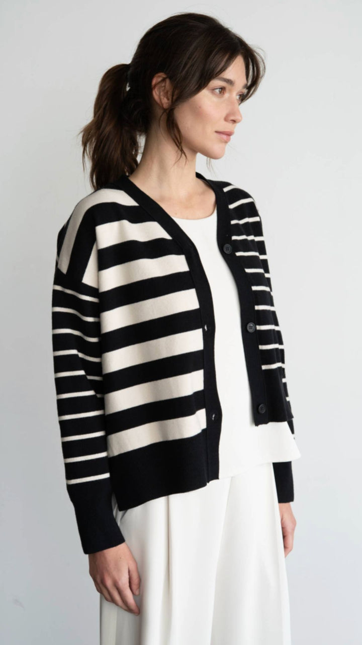 Contrast Striped Sweater Uneven Bottom Cardigan
