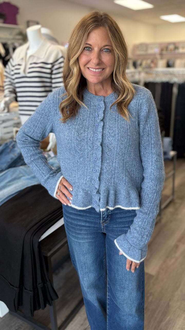 Button Front Ruffled Detail Sweater Cardigan