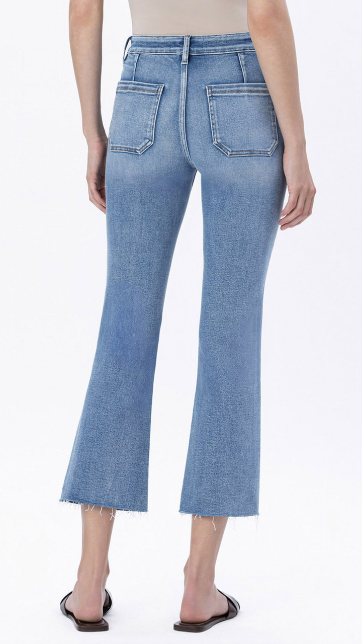 High Rise Medium Wash Patch Pocket Kick Flare Jeans