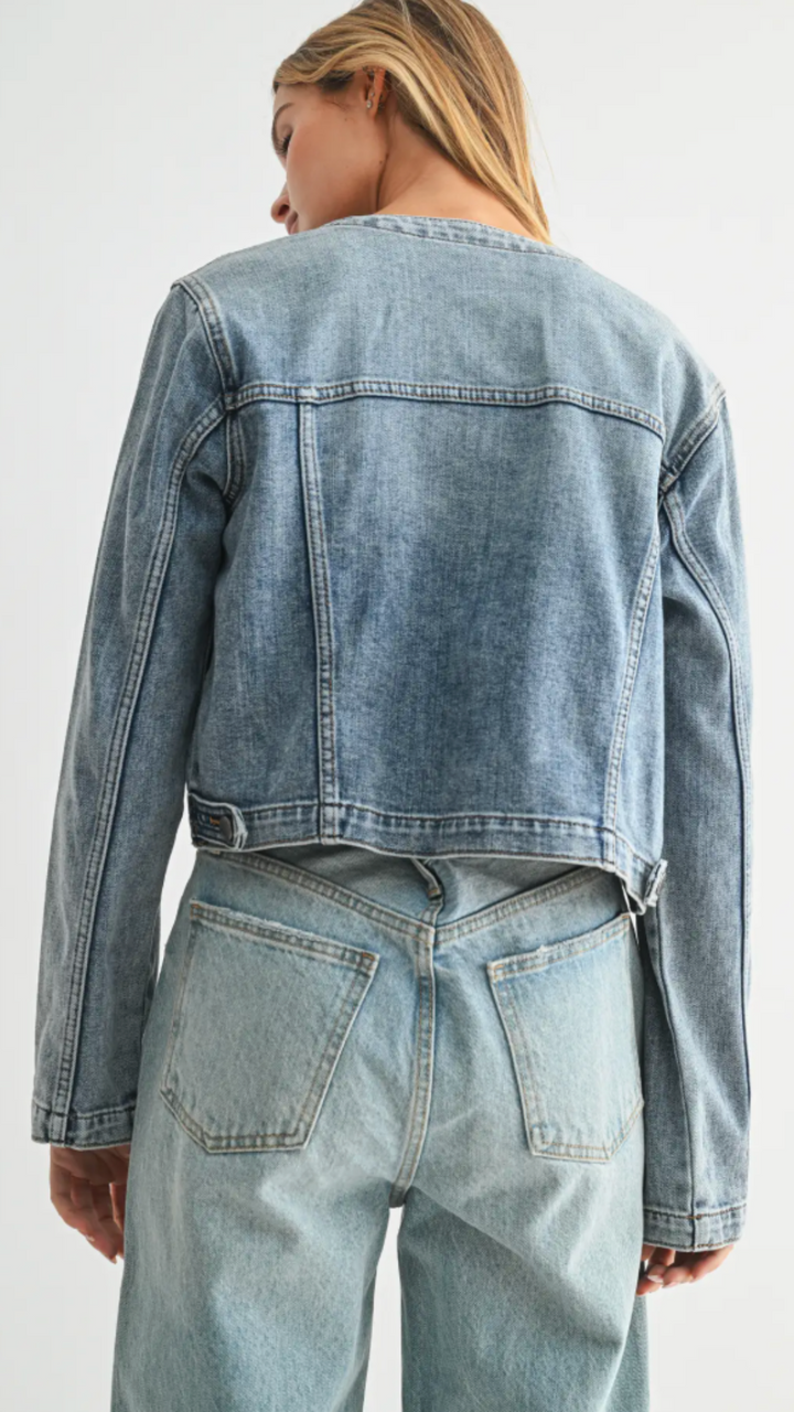 Medium Wash Collarless Denim Jacket
