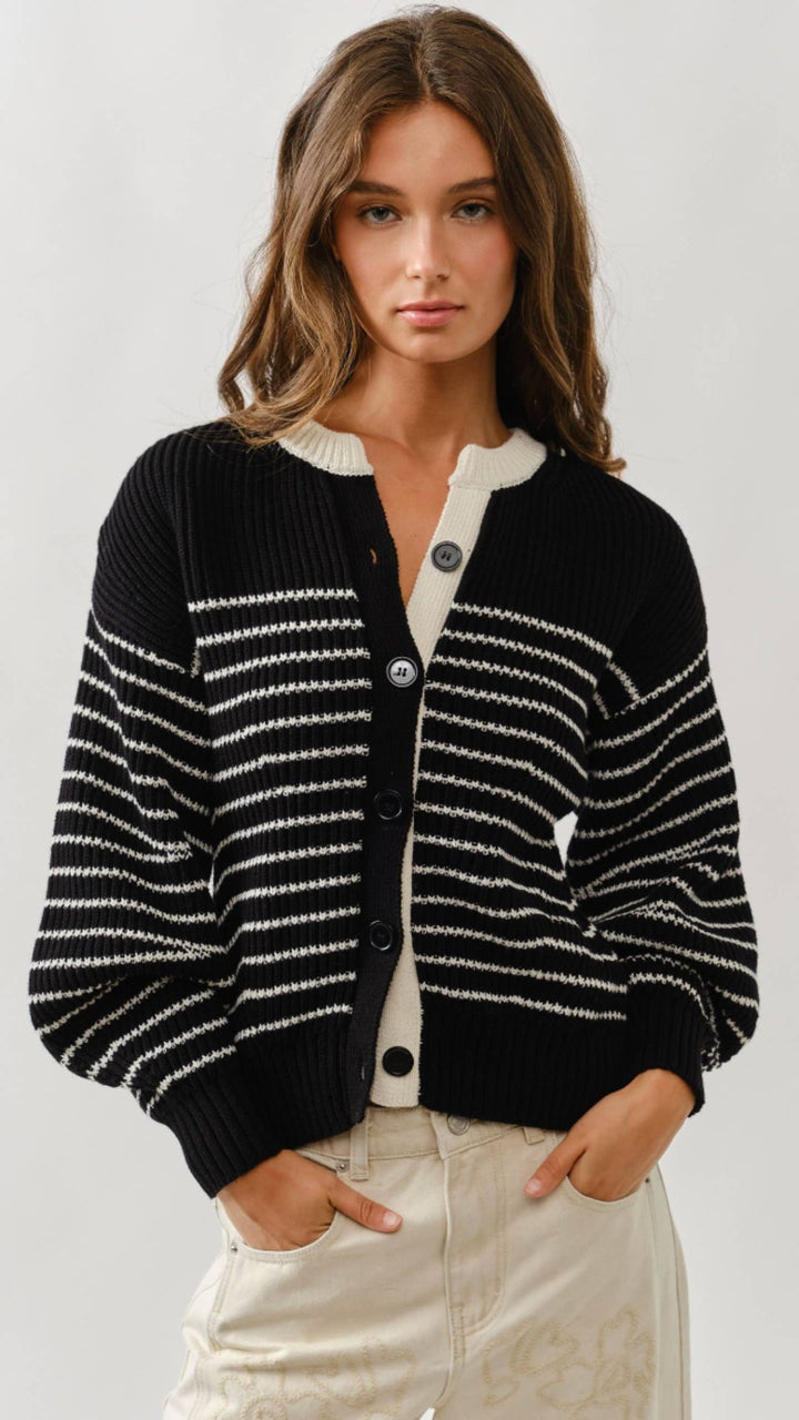 Black And Cream Stripe Balloon Sleeve Cardigan