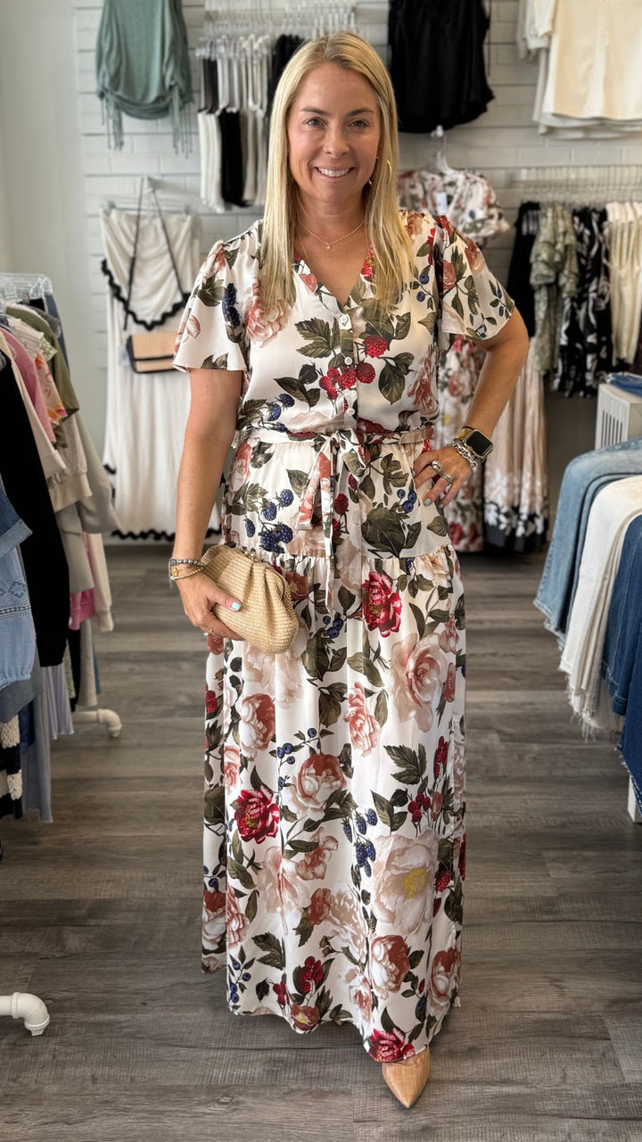 Floral Print Button Front Tiered Maxi Dress