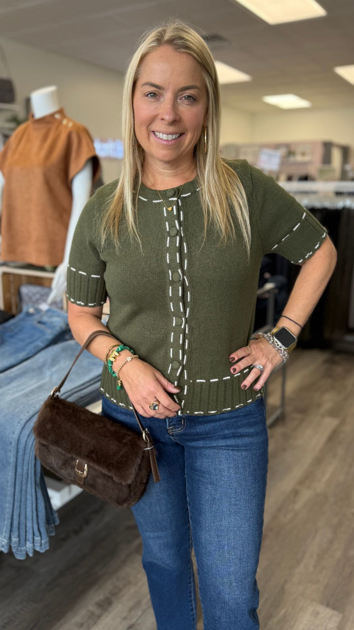 Olive Round Neck Stitch Detail Sweater Cardigan