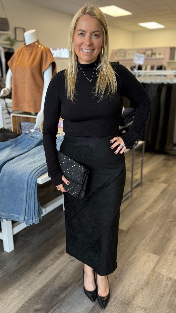 Black Suede Wrap Detail Midi Skirt