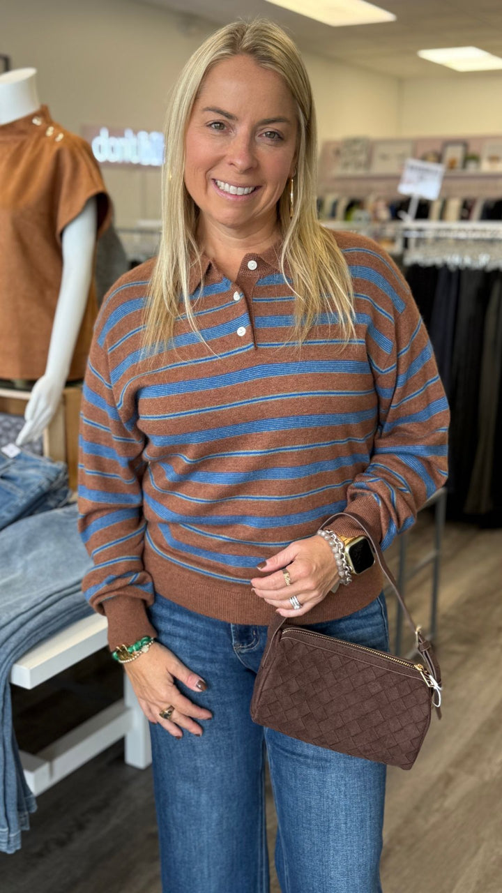 Brown Blue And Green Stripe Knit Collared Top