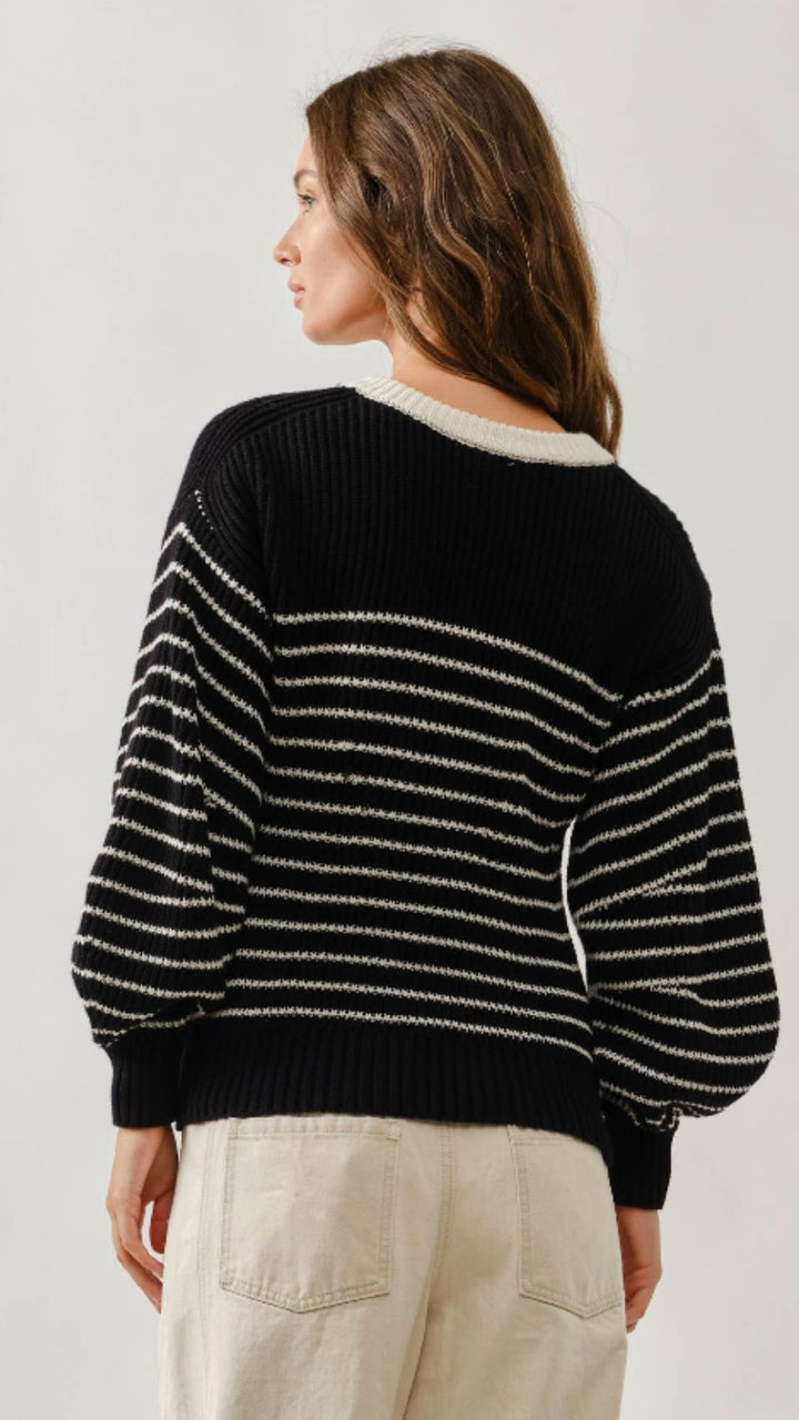 Black And Cream Stripe Balloon Sleeve Cardigan