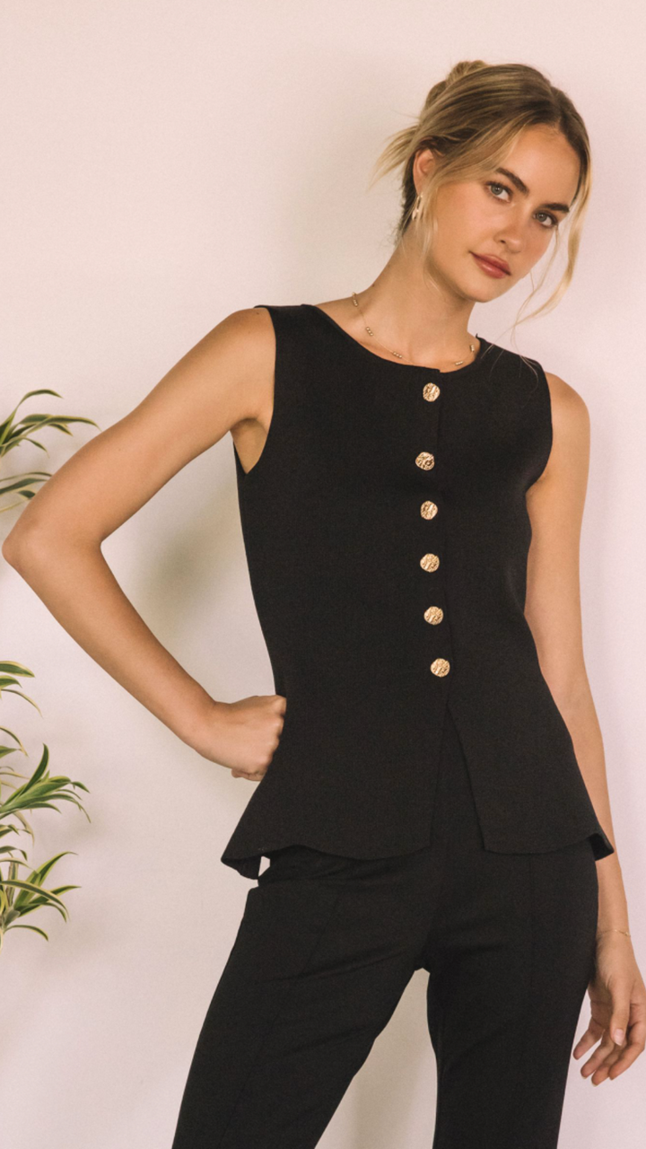 Black Sleeveless Sweater Knit Buttoned Peplum Top