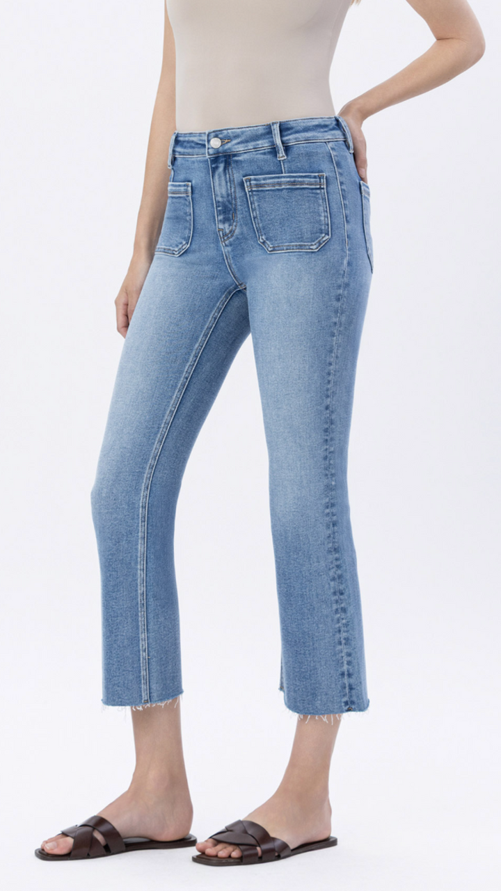 High Rise Medium Wash Patch Pocket Kick Flare Jeans
