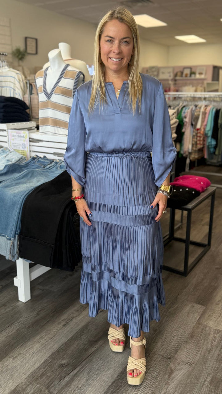 Slate Blue Pleated Midi Dress