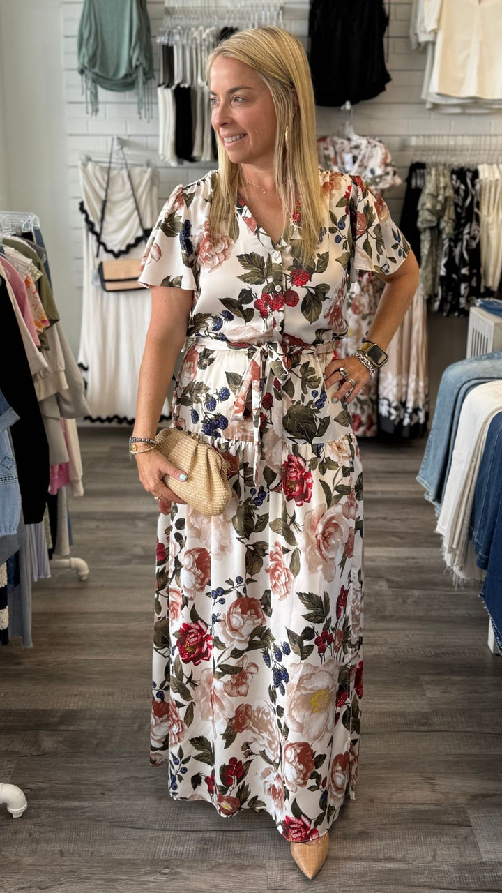 Floral Print Button Front Tiered Maxi Dress