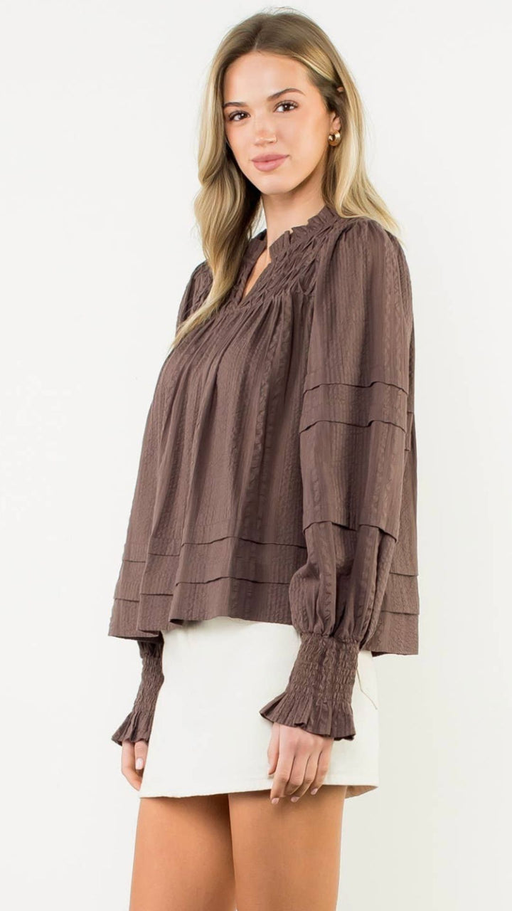 Smocked Cuff Textured Long Sleeve Blouse