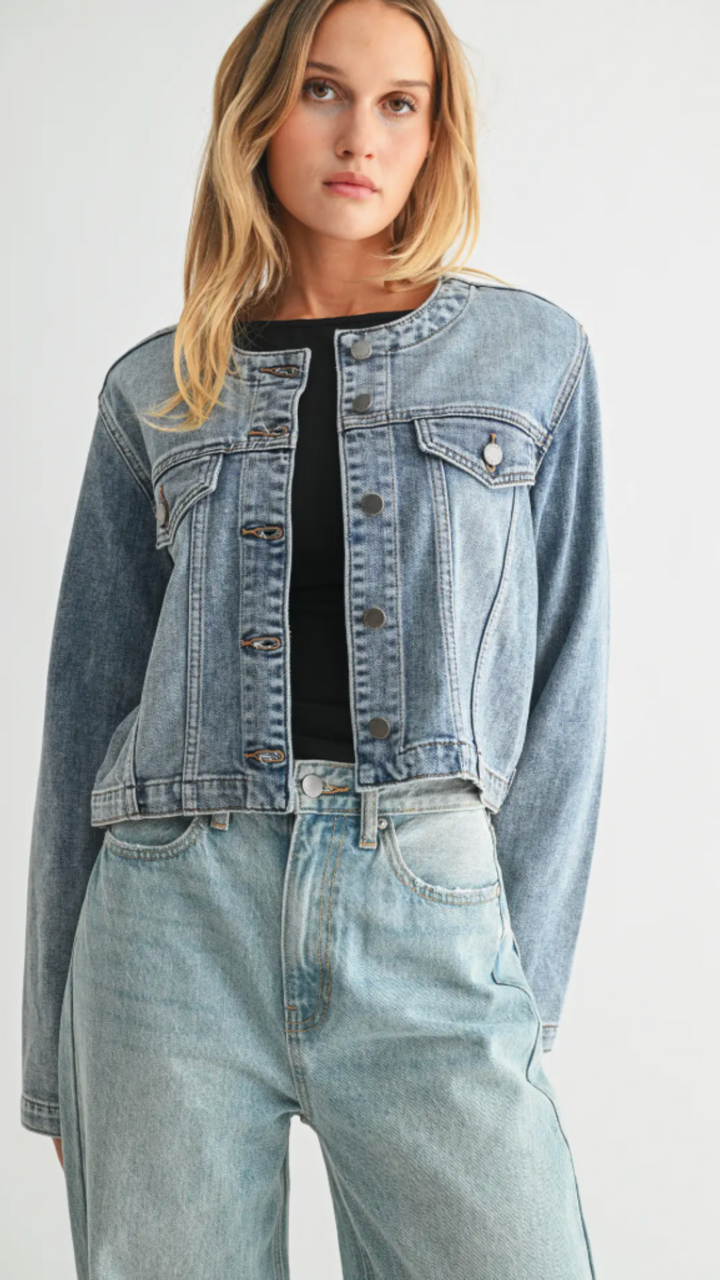 Medium Wash Collarless Denim Jacket