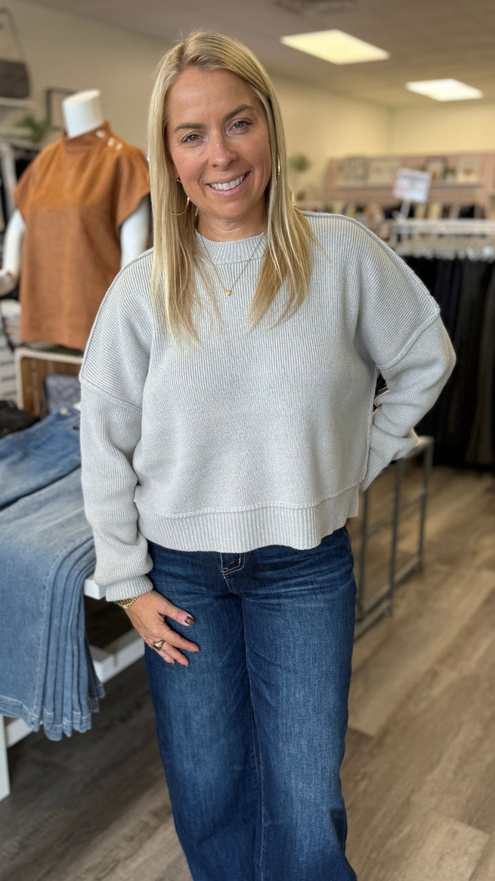 Light Gray Cotton Acrylic Ribbed Knit Sweater