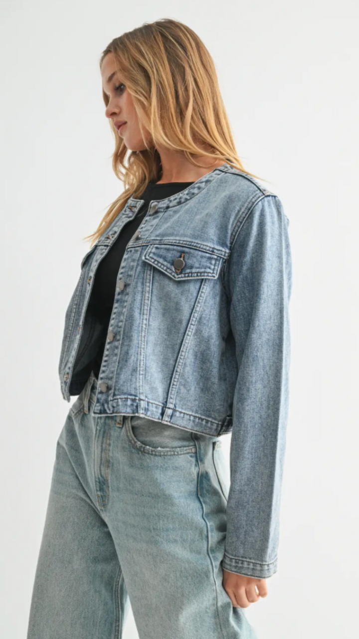 Medium Wash Collarless Denim Jacket