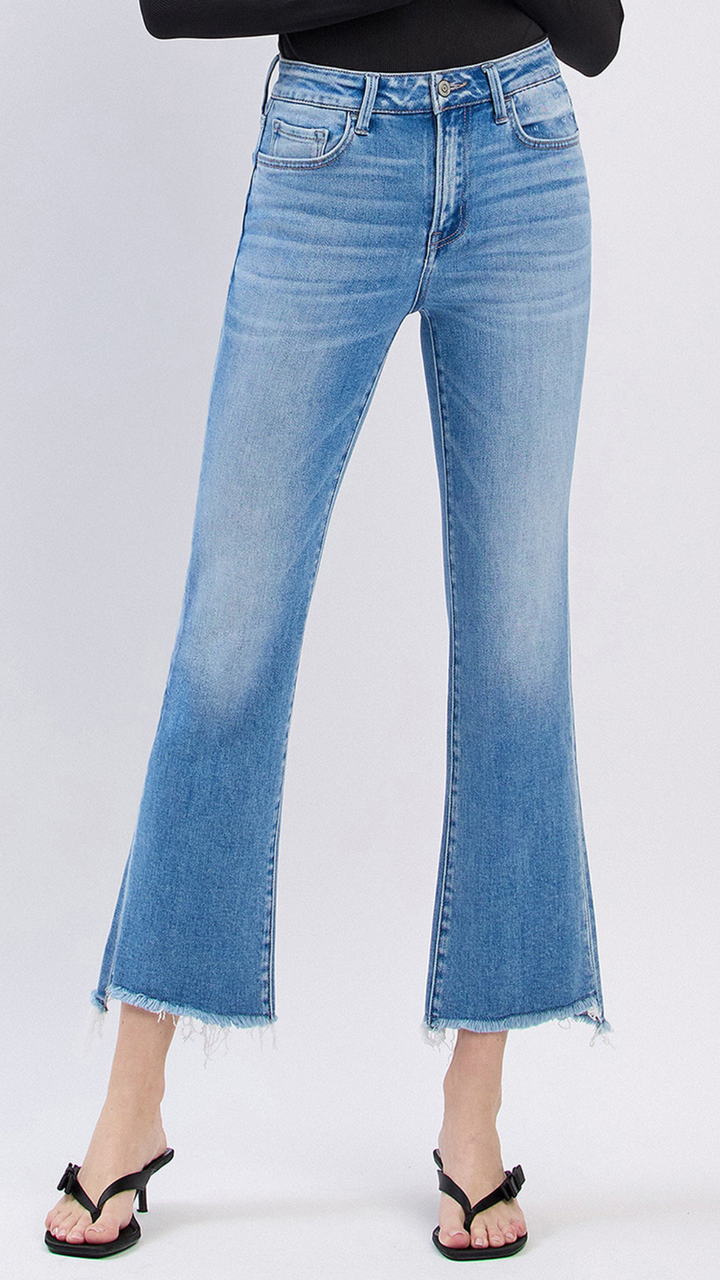 High Rise Light Wash Slant Raw Hem Crop Flare Jeans