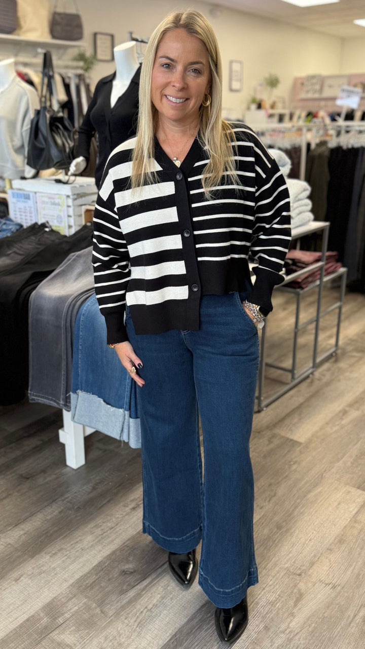 Contrast Striped Sweater Uneven Bottom Cardigan