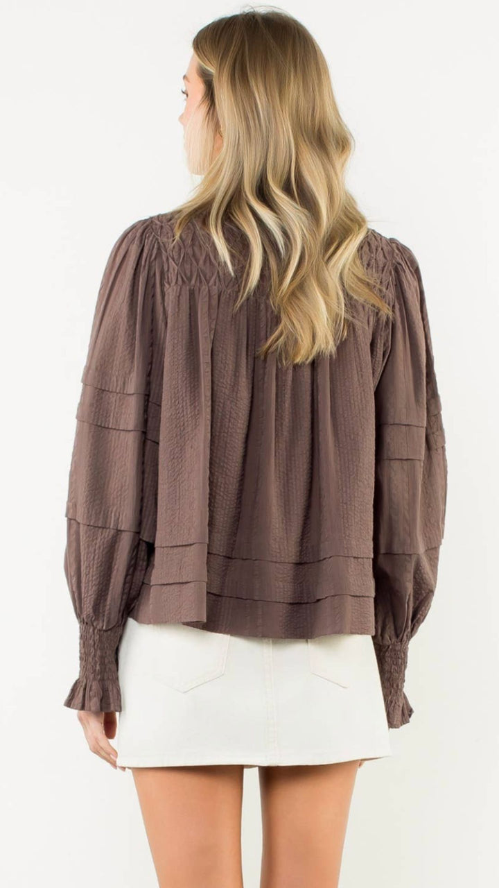Smocked Cuff Textured Long Sleeve Blouse