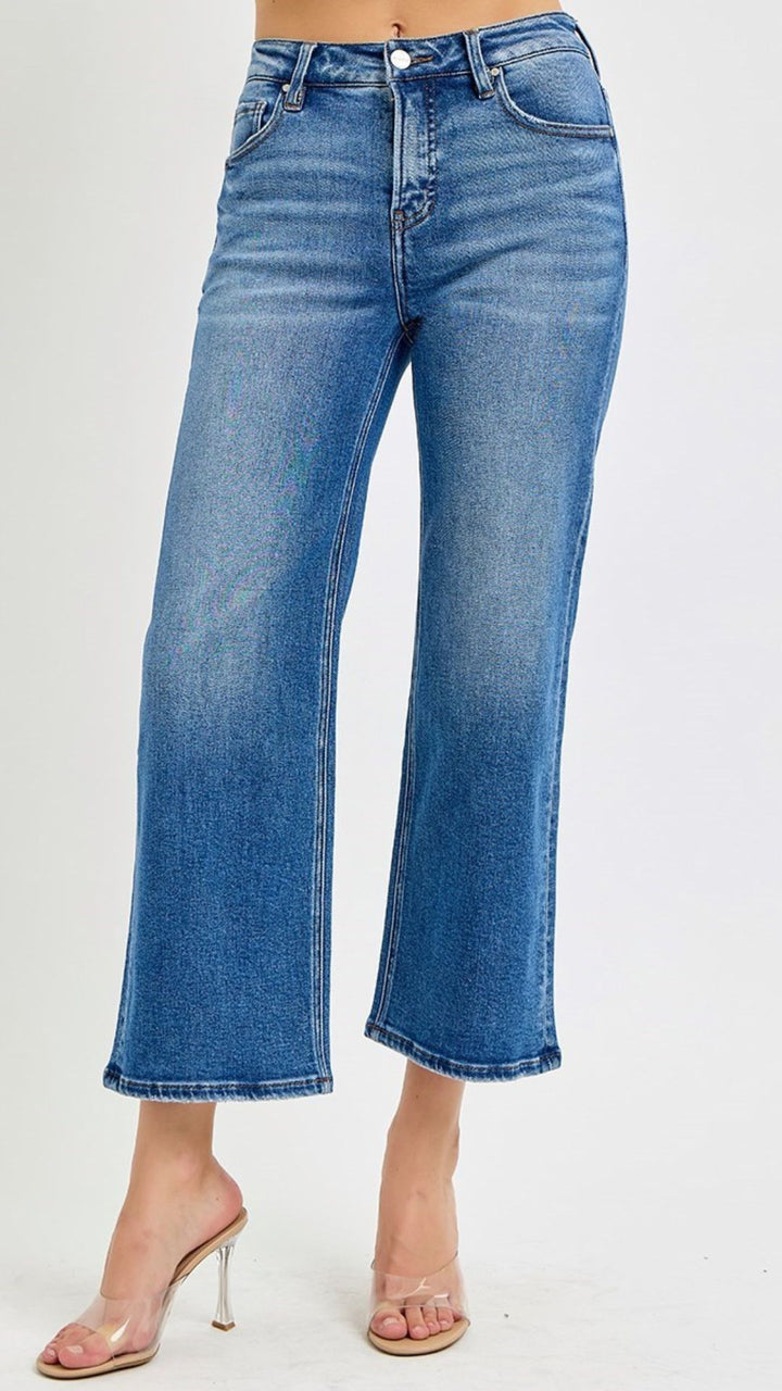 Mid Rise Tummy Control Medium Wash Wide Jeans