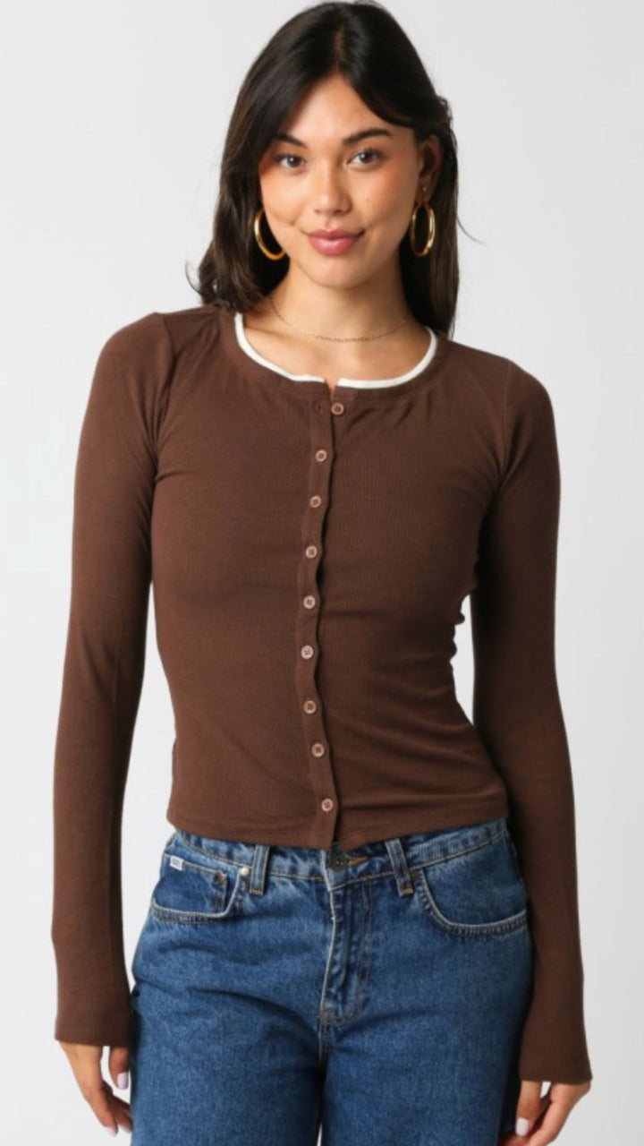 Brown And White Buttoned Top
