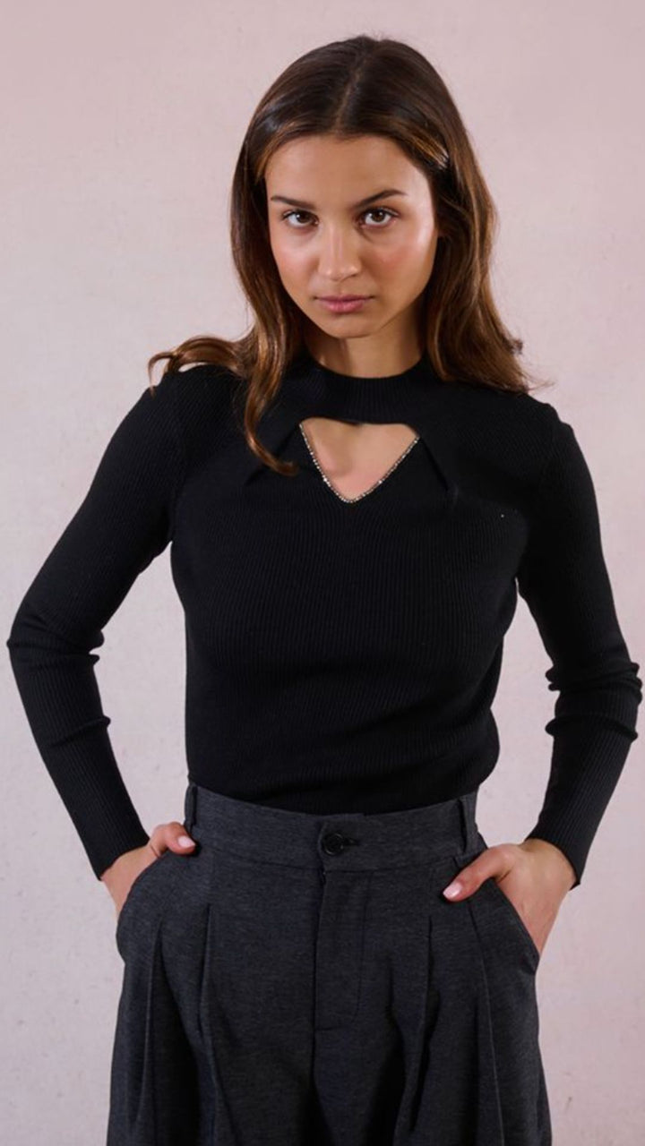 Black V Neck Stud Trim Detailed Top