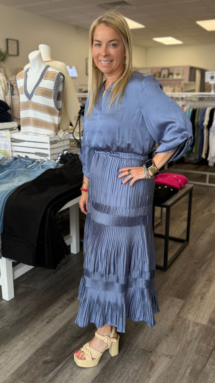 Slate Blue Pleated Midi Dress