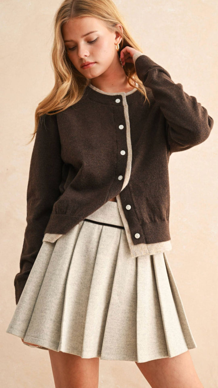 Brown Mocha Color Contrast Button Front Cardigan