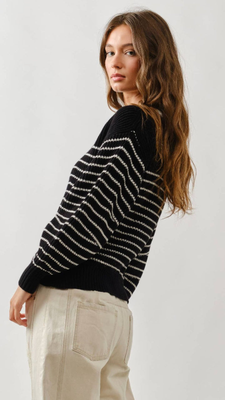 Black And Cream Stripe Balloon Sleeve Cardigan