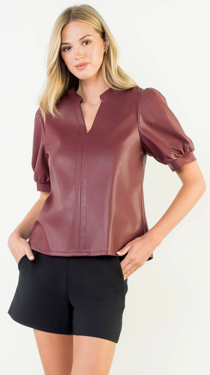 Burgundy Puff Sleeve Leather Top