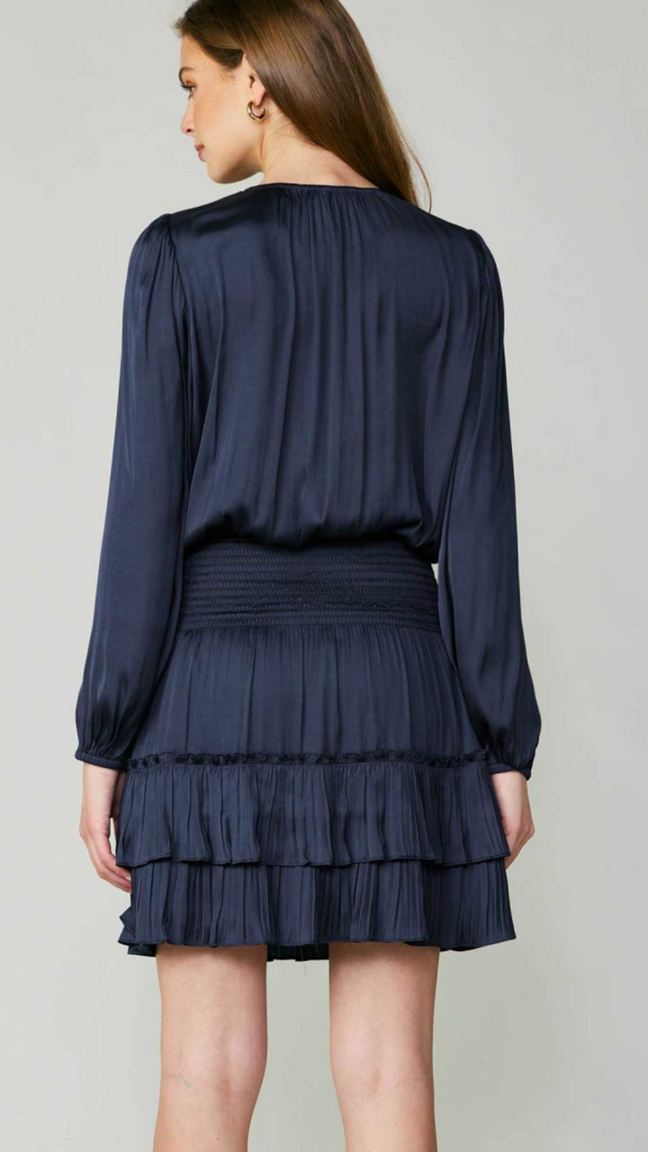 Navy Surplice Neck Tiered Mini Dress