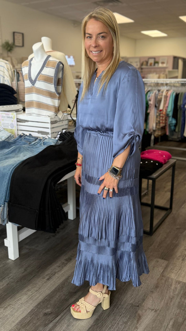 Slate Blue Pleated Midi Dress