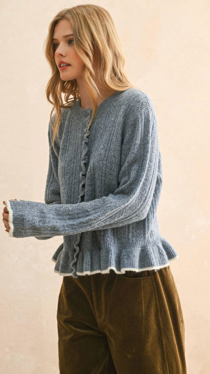 Button Front Ruffled Detail Sweater Cardigan