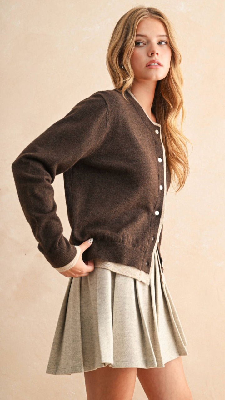 Brown Mocha Color Contrast Button Front Cardigan