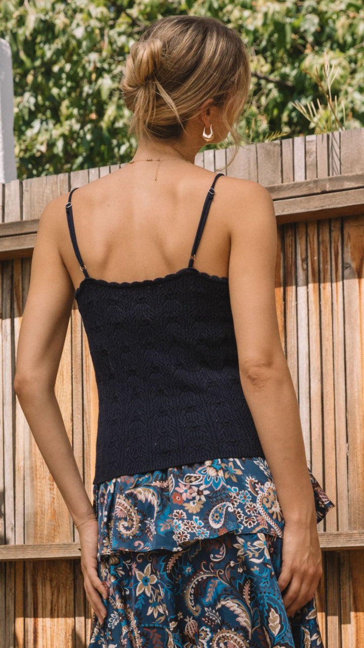 Navy Pointelle Knit Scallop Detail Tank Top