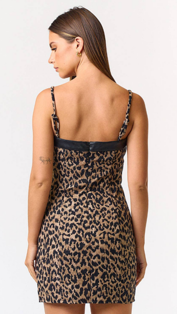 Leopard Print PU Mix Bodycon Dress