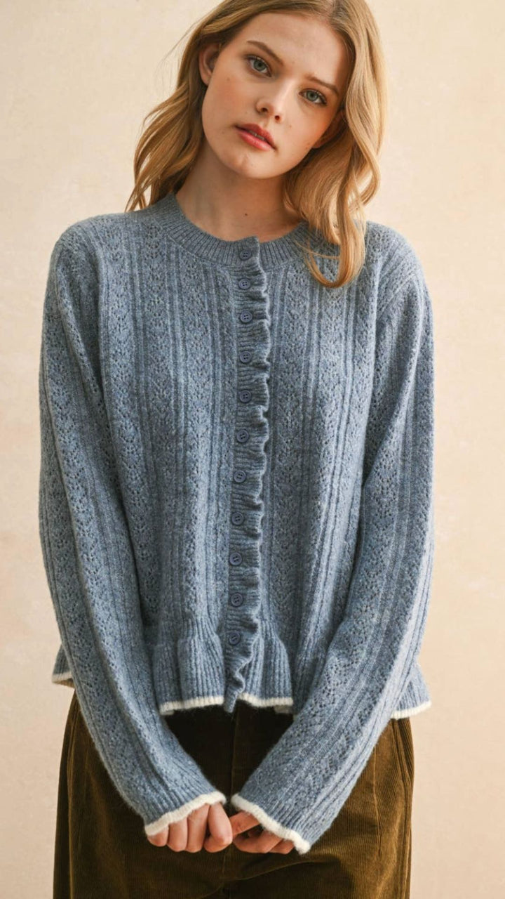 Button Front Ruffled Detail Sweater Cardigan