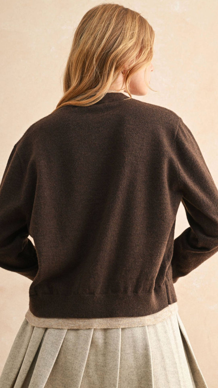 Brown Mocha Color Contrast Button Front Cardigan