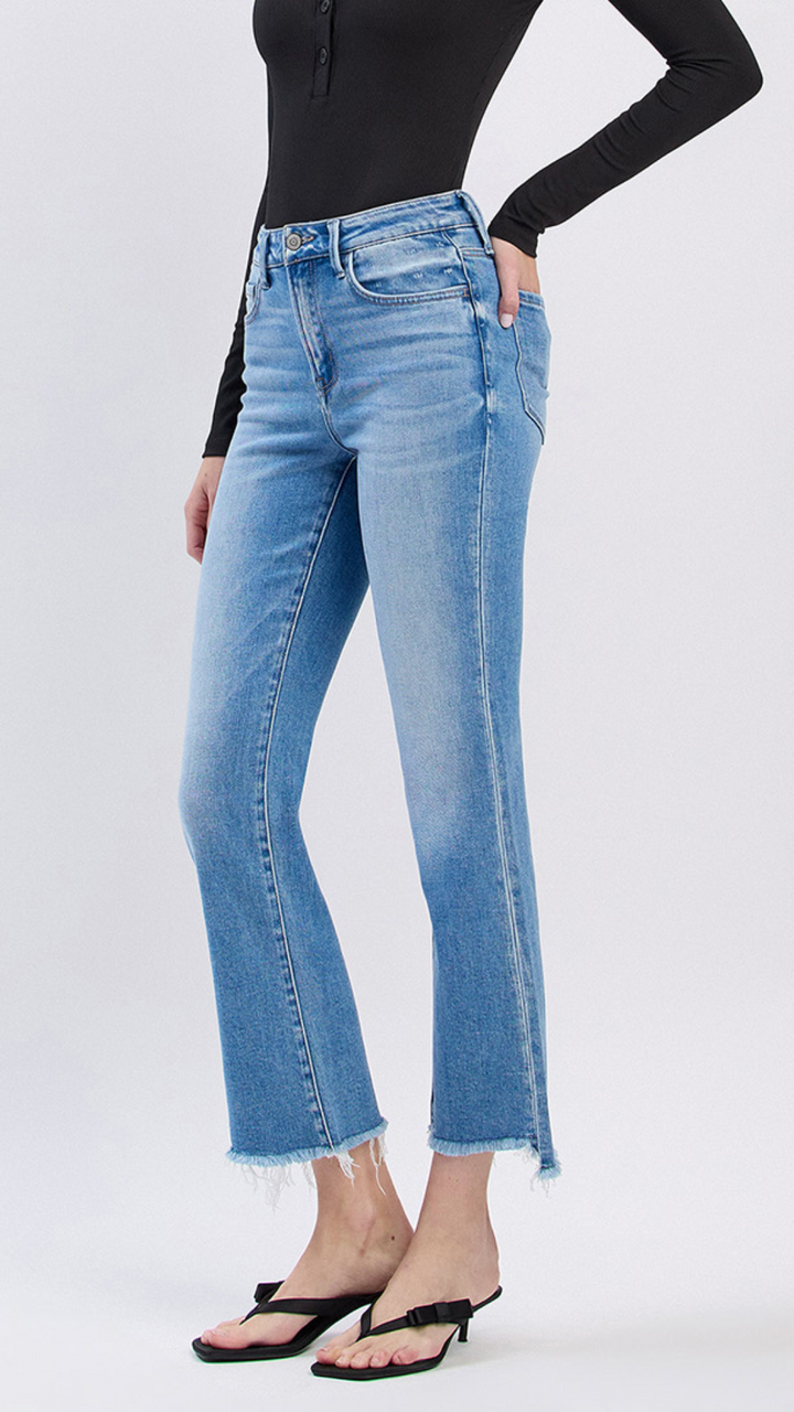 High Rise Light Wash Slant Raw Hem Crop Flare Jeans