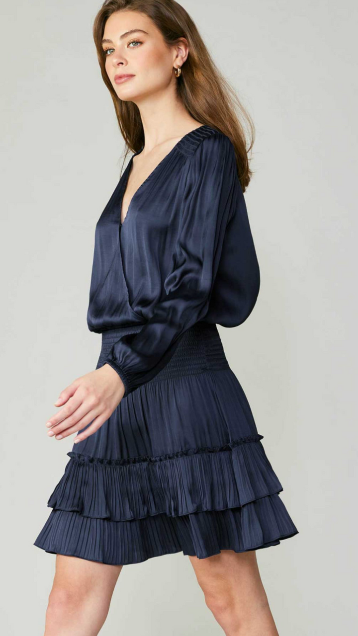 Navy Surplice Neck Tiered Mini Dress