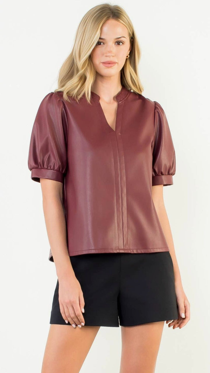 Burgundy Puff Sleeve Leather Top