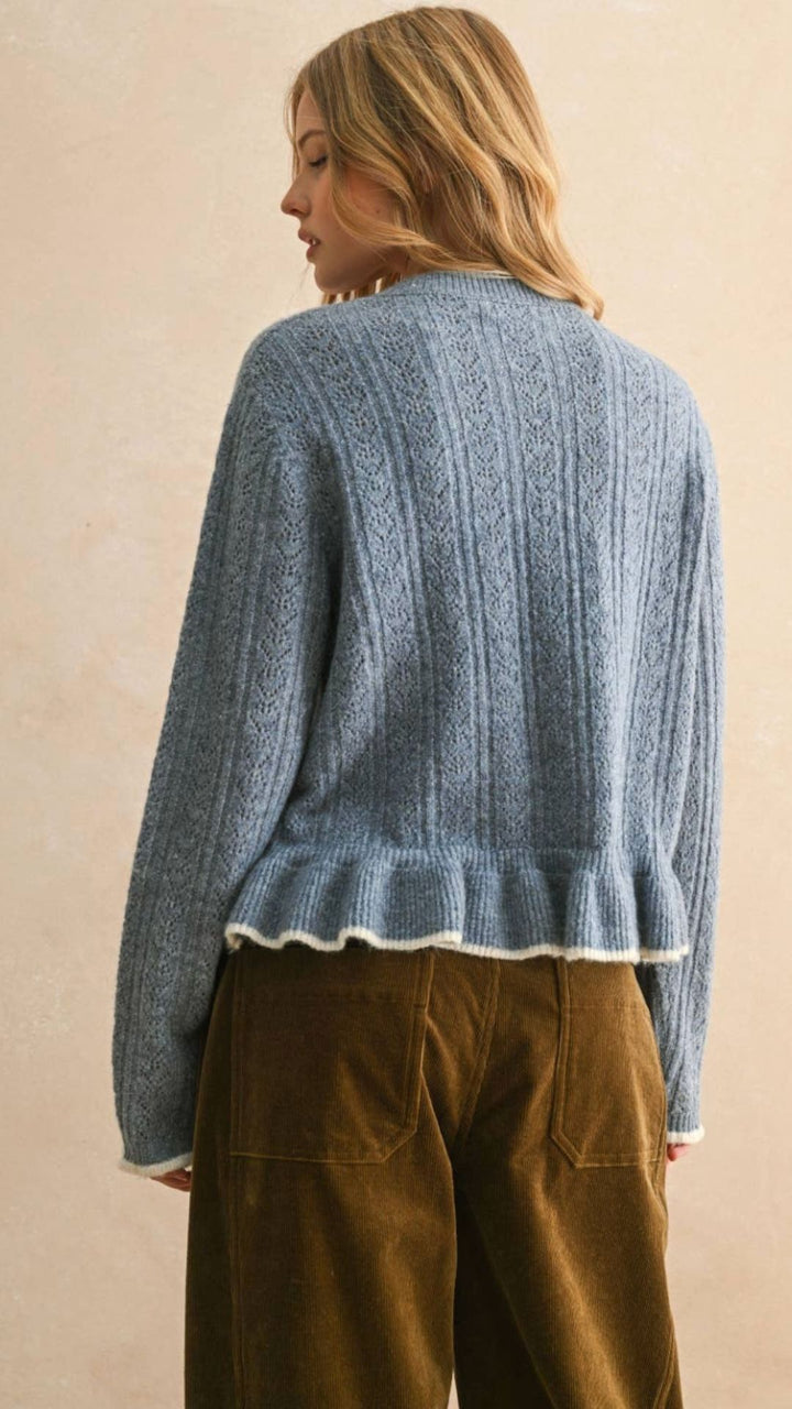 Button Front Ruffled Detail Sweater Cardigan