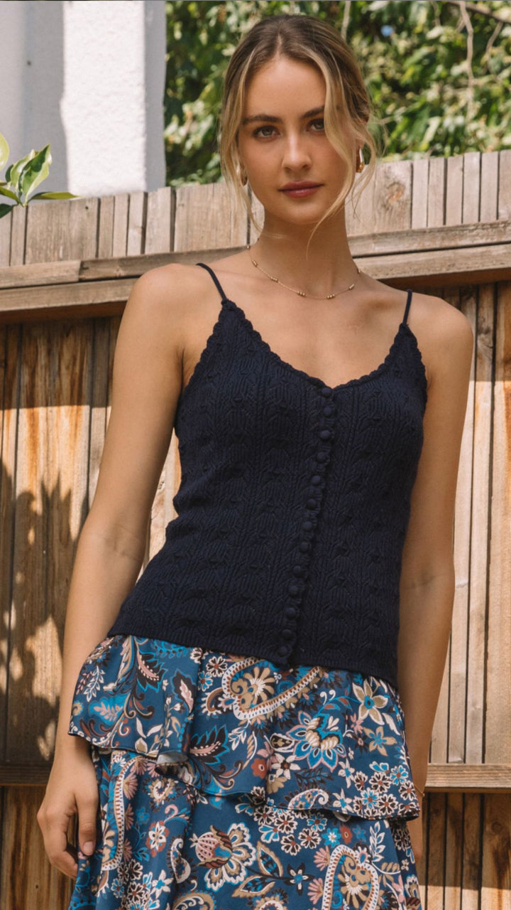 Navy Pointelle Knit Scallop Detail Tank Top