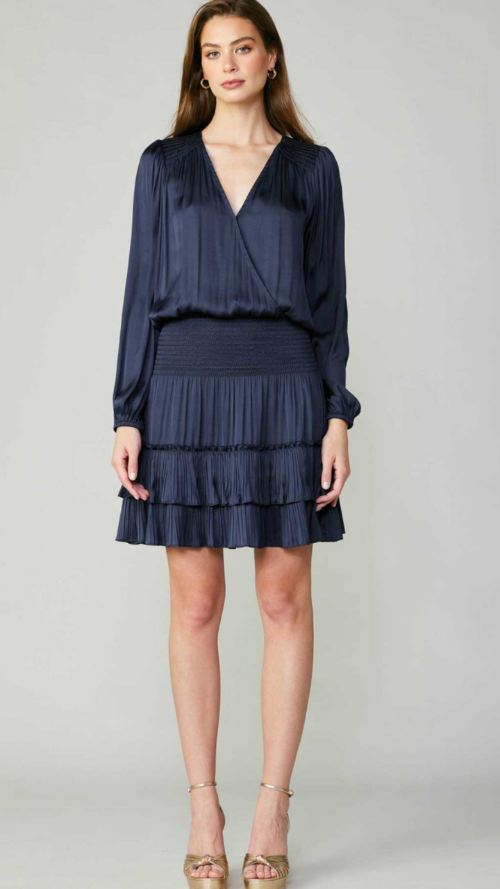Navy Surplice Neck Tiered Mini Dress